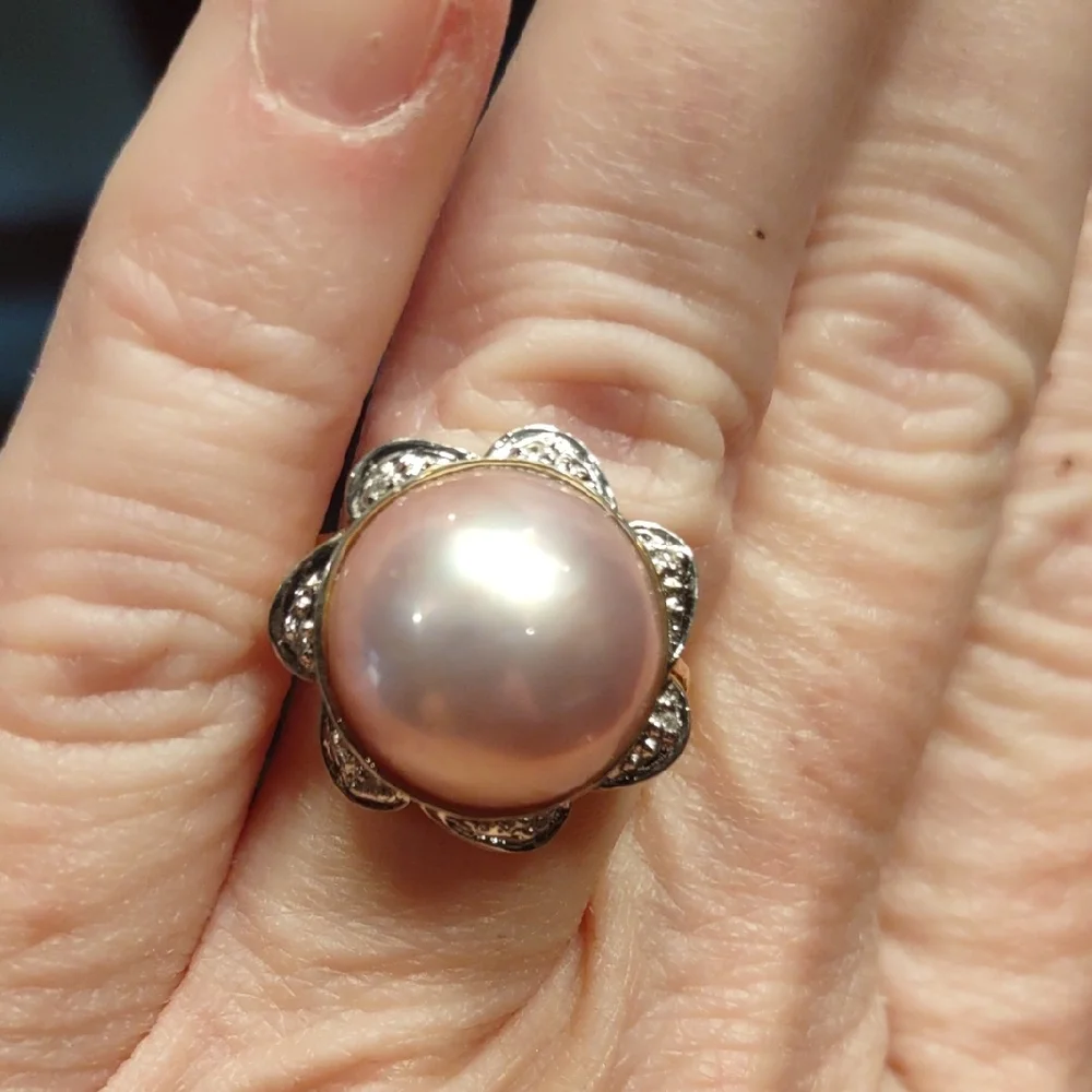 Pink Mabe Pearl Ring White Gold Accents, Pinpoint Diamonds, 14kt Yellow Gold